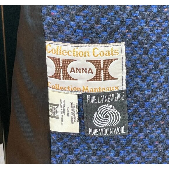 Vintage 80s winter wool coat, navy and black tweed, oversized shoulders - Picture 7 of 9